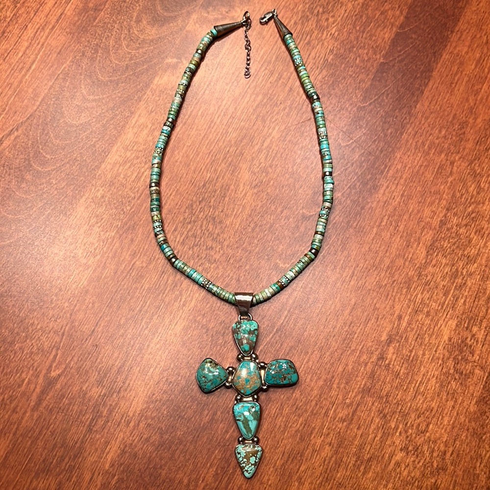 Silver and Turquoise Beaded Necklace with Cross